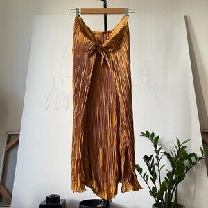 Vince mustard gold crinkles pleated flare midi skirt